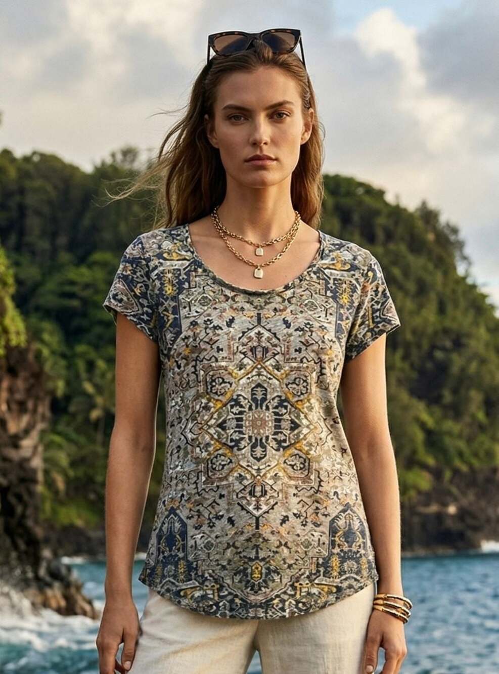 Lucky Brand Women's Blue Mystic Medallion Rug Print Boho T-Shirt Size M